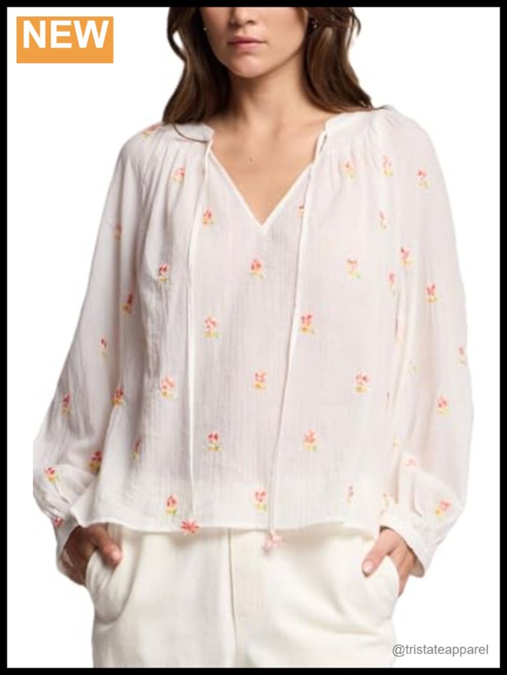 Women's Sylvie Novelty Embroidery Blouse 100% Cotton V-Neck Long Sleeve